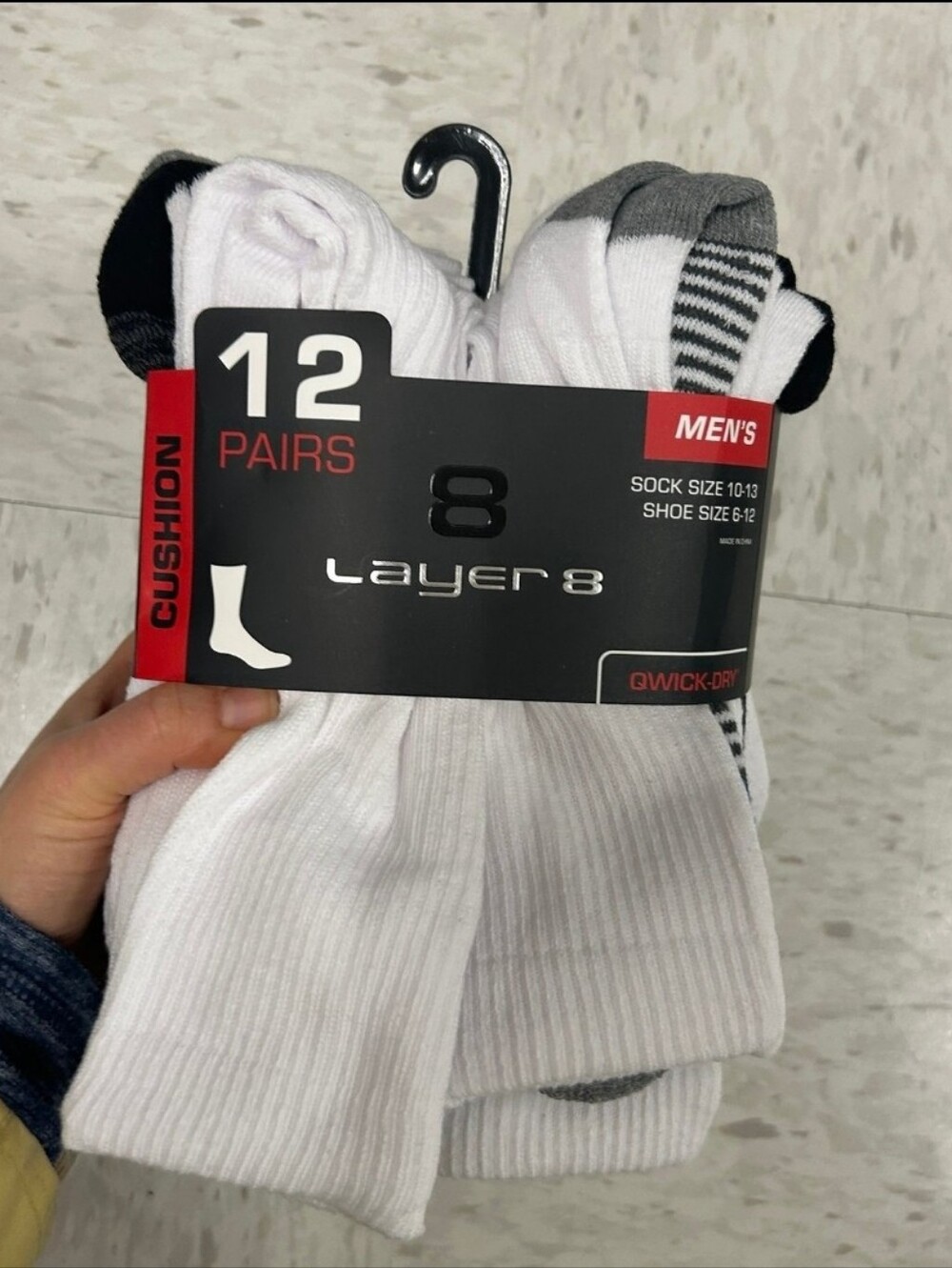 Layer 8 Men’s Cushion Crew Socks - White with Gray & Black Accents (12 Pairs)